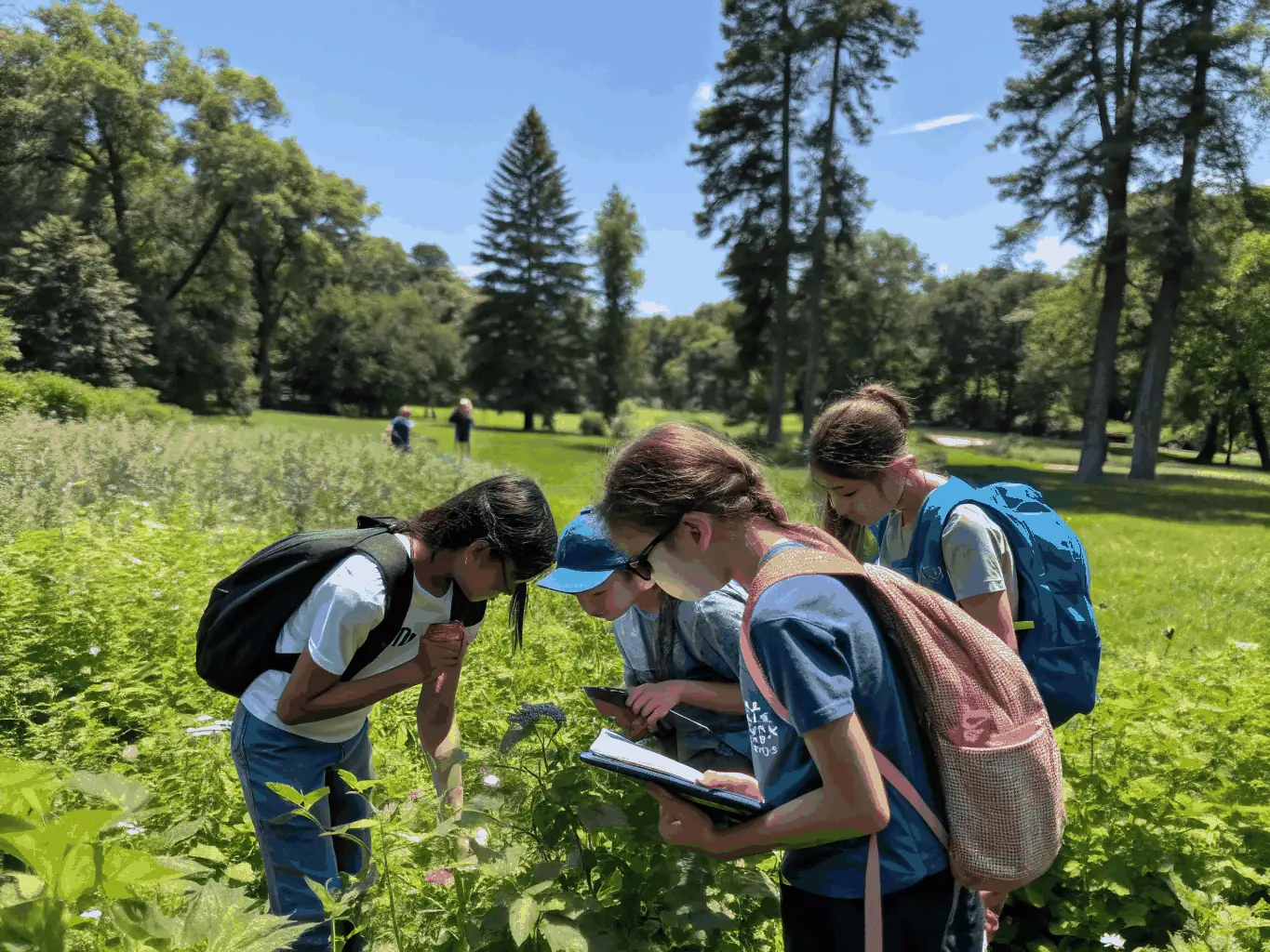 Students engaged in an outdoor learning activity, such as identifying plants or conducting a science experiment in a natural setting. The image emphasizes hands-on learning and environmental awareness.