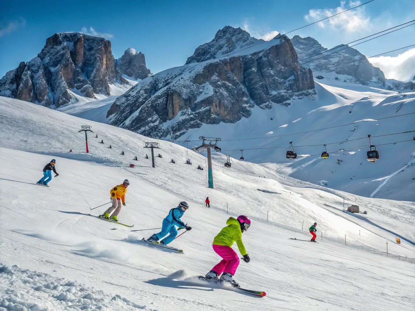 A group of students participating in a ski lesson on a snowy mountain, with instructors guiding them and ensuring their safety. The scene captures the excitement and learning involved in winter sports.