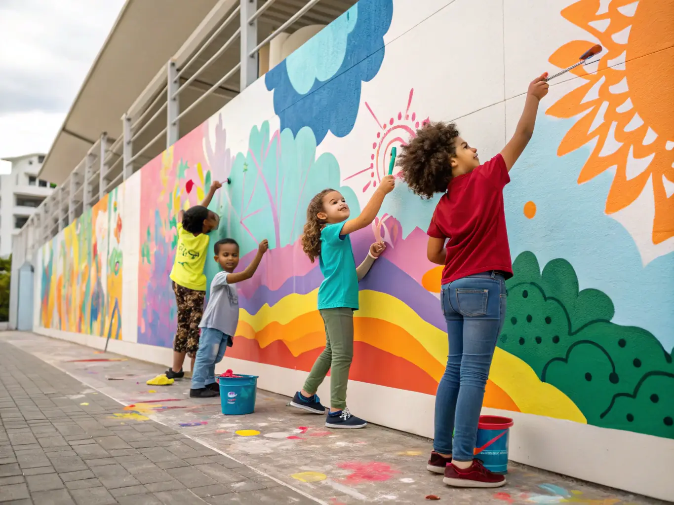 A group of diverse students working together on a collaborative project during a recreational activity, emphasizing inclusion and community spirit.